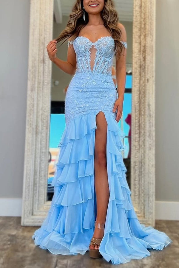 Blue Off The Shoulder Mermaid Chiffon Ruffled Formal Prom Dresses With Appliques – Prom Dress by KissProm | Available at KissProm