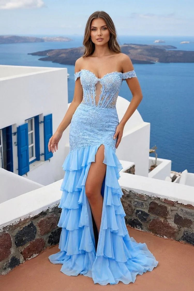 Blue Off The Shoulder Mermaid Chiffon Ruffled Formal Prom Dresses With Appliques - KissProm
