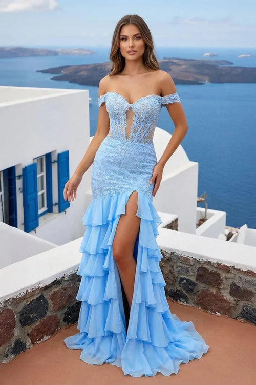 Blue Off The Shoulder Mermaid Chiffon Ruffled Formal Prom Dresses With Appliques - KissProm