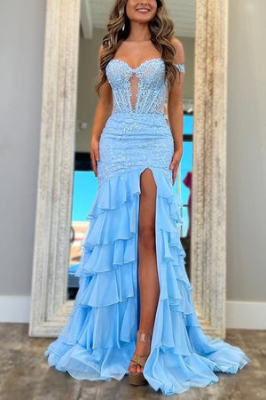 Vianna | Blue - Off The Shoulder Mermaid Chiffon Ruffled Formal Prom Dresses With Appliques - KissProm