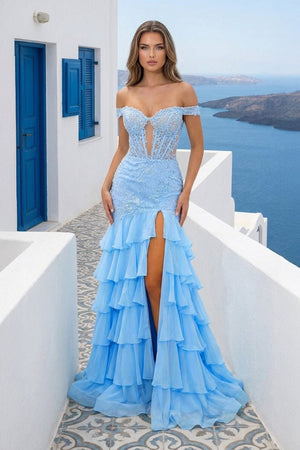 Blue Off The Shoulder Mermaid Chiffon Ruffled Formal Prom Dresses With Appliques - KissProm