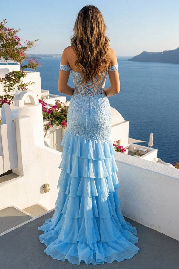 Blue Off The Shoulder Mermaid Chiffon Ruffled Formal Prom Dresses With Appliques - KissProm