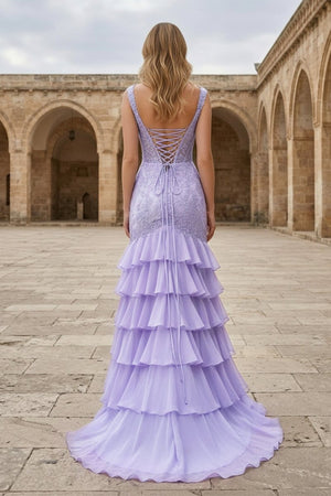 Lavender - Off The Shoulder Mermaid Chiffon Ruffled Formal Prom Dresses With Appliques - KissProm