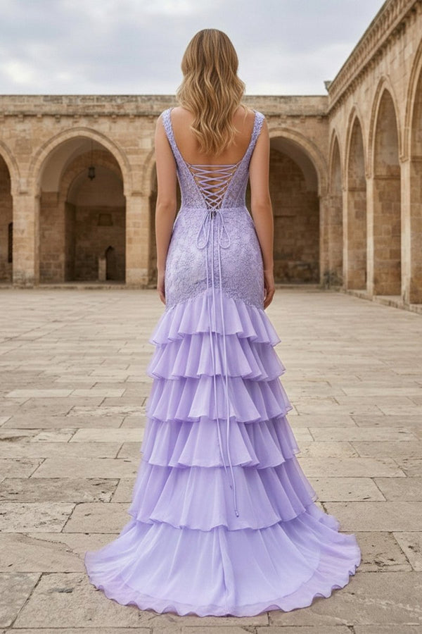 Lavender - Off The Shoulder Mermaid Chiffon Ruffled Formal Prom Dresses With Appliques - KissProm