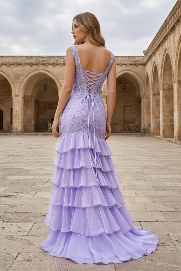 Lavender - Off The Shoulder Mermaid Chiffon Ruffled Formal Prom Dresses With Appliques - KissProm