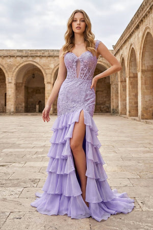 Lavender - Off The Shoulder Mermaid Chiffon Ruffled Formal Prom Dresses With Appliques - KissProm