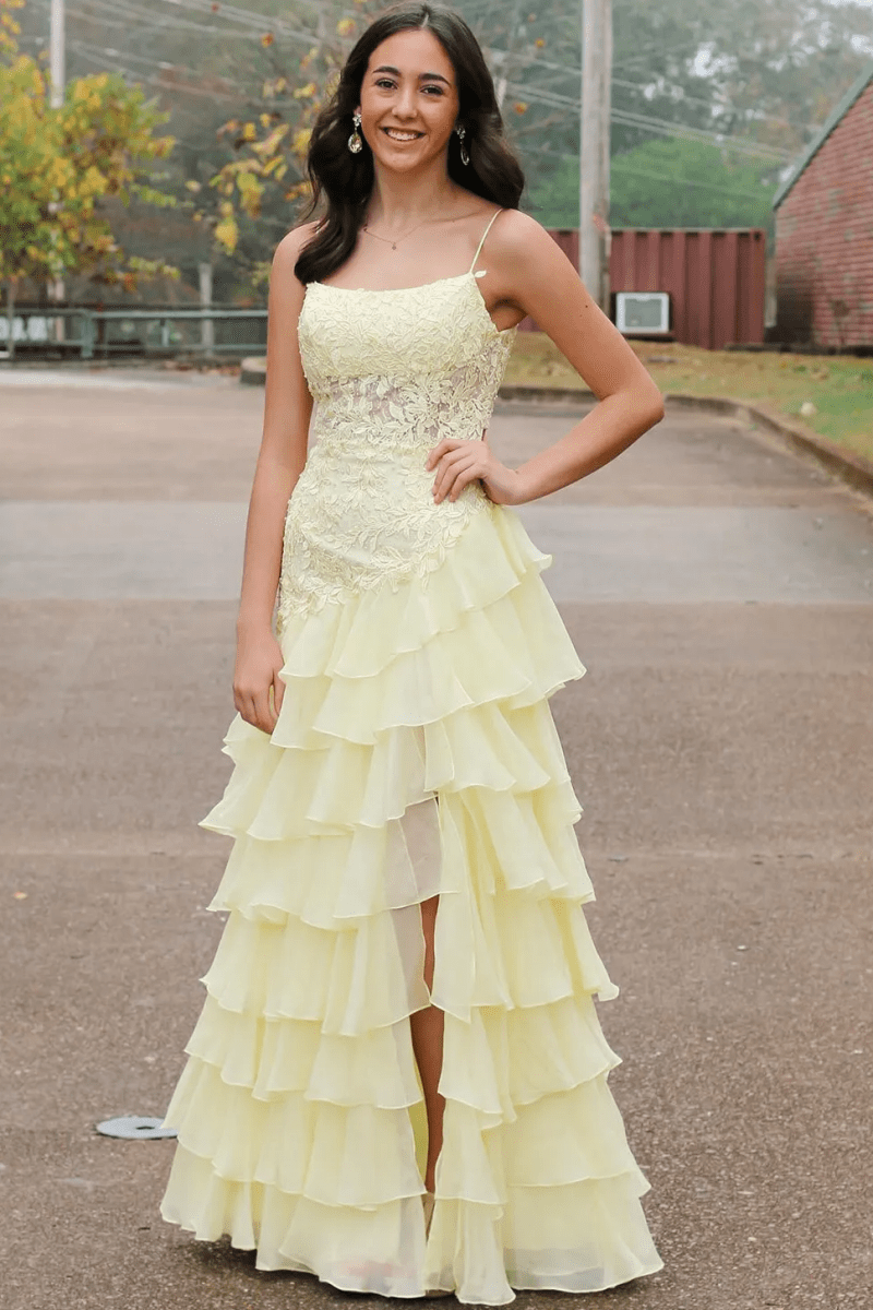 Victorie Spaghetti Straps Appliques A-Line Layered Chiffon Prom