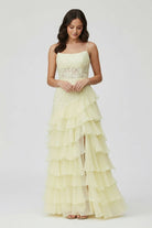 KissProm-Victorie Spaghetti Straps Appliques A - Line Layered Chiffon Prom Dress with Slit 