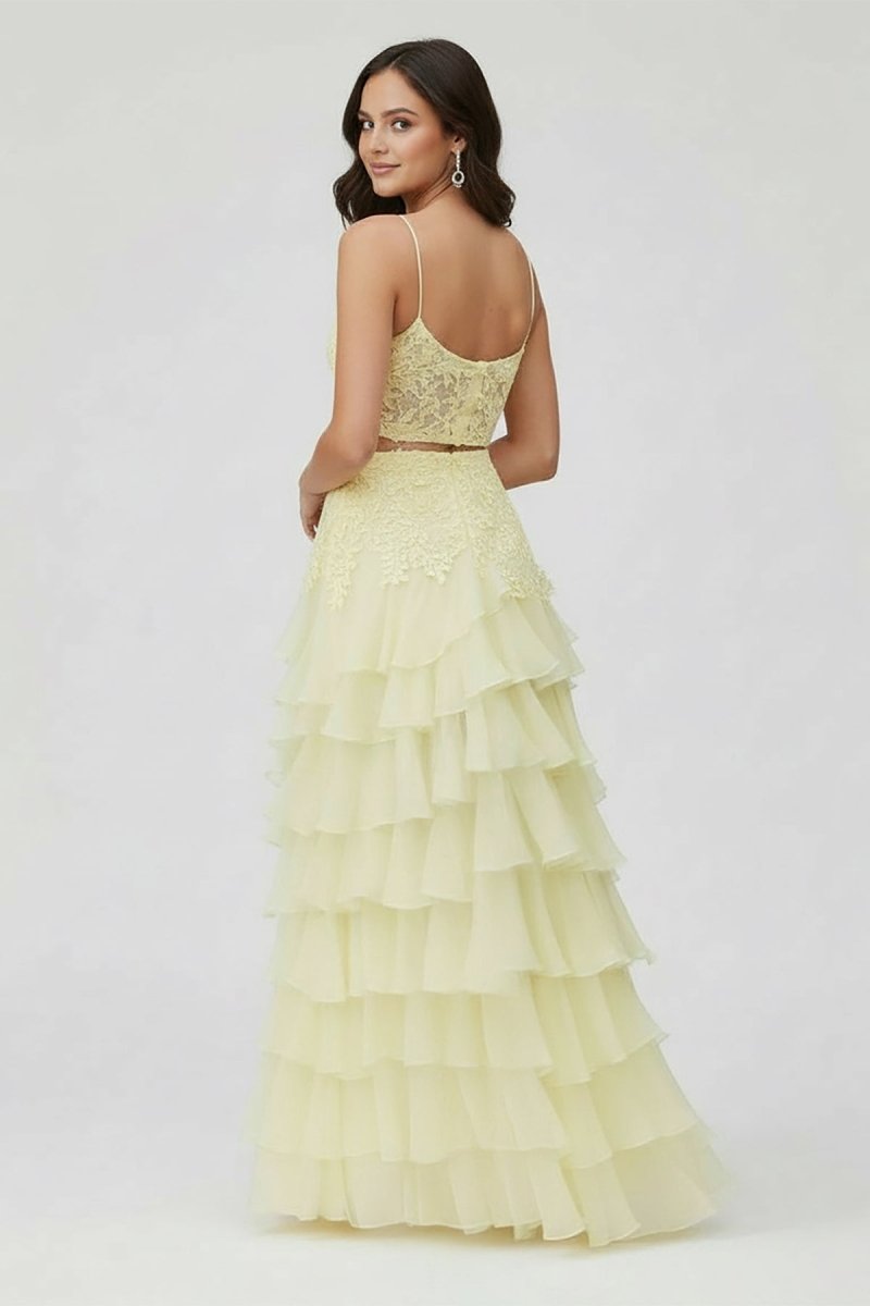 KissProm-Victorie Spaghetti Straps Appliques A - Line Layered Chiffon Prom Dress with Slit 