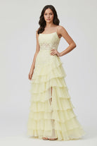 KissProm-Victorie Spaghetti Straps Appliques A - Line Layered Chiffon Prom Dress with Slit 