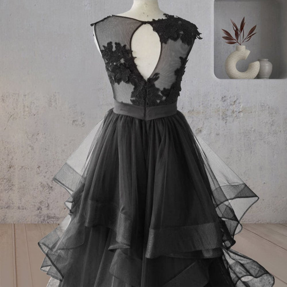 Vintage A - Line Black Tulle Wedding Dress with Ruffles - KissProm
