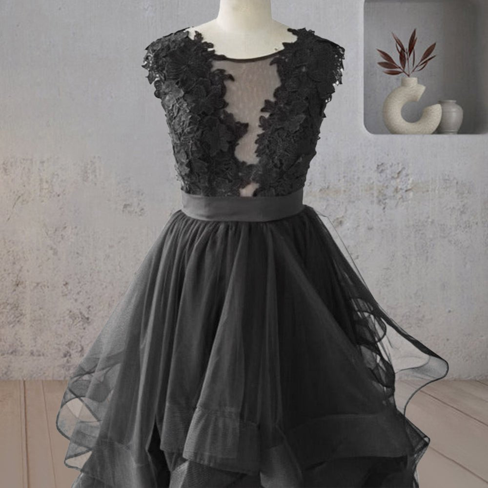 Vintage A - Line Black Tulle Wedding Dress with Ruffles - KissProm