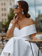 A - Line Satin Tea Length White Off the Shoulder Wedding Dress - KissProm