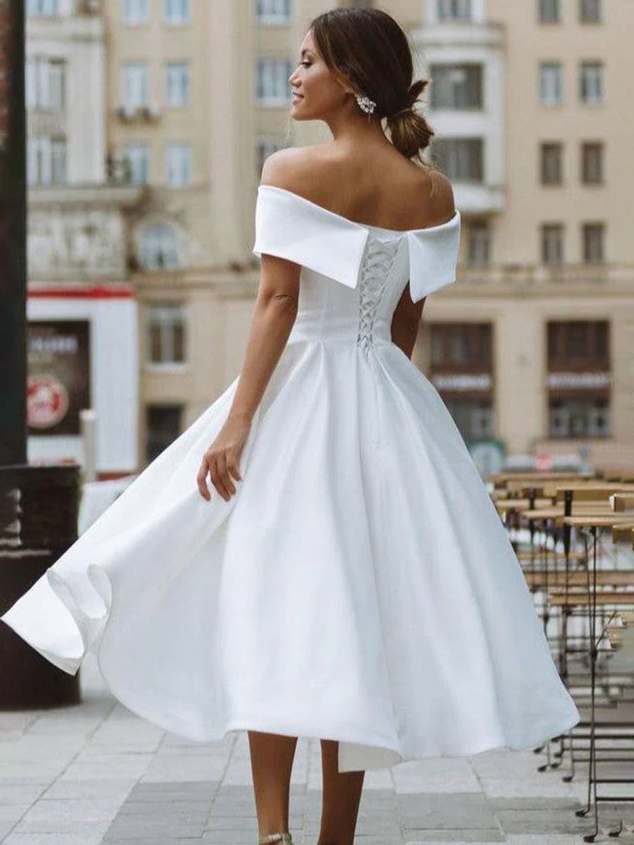 A-Line Satin Tea Length White Off The Shoulder Wedding Dress, Diamond White / 6