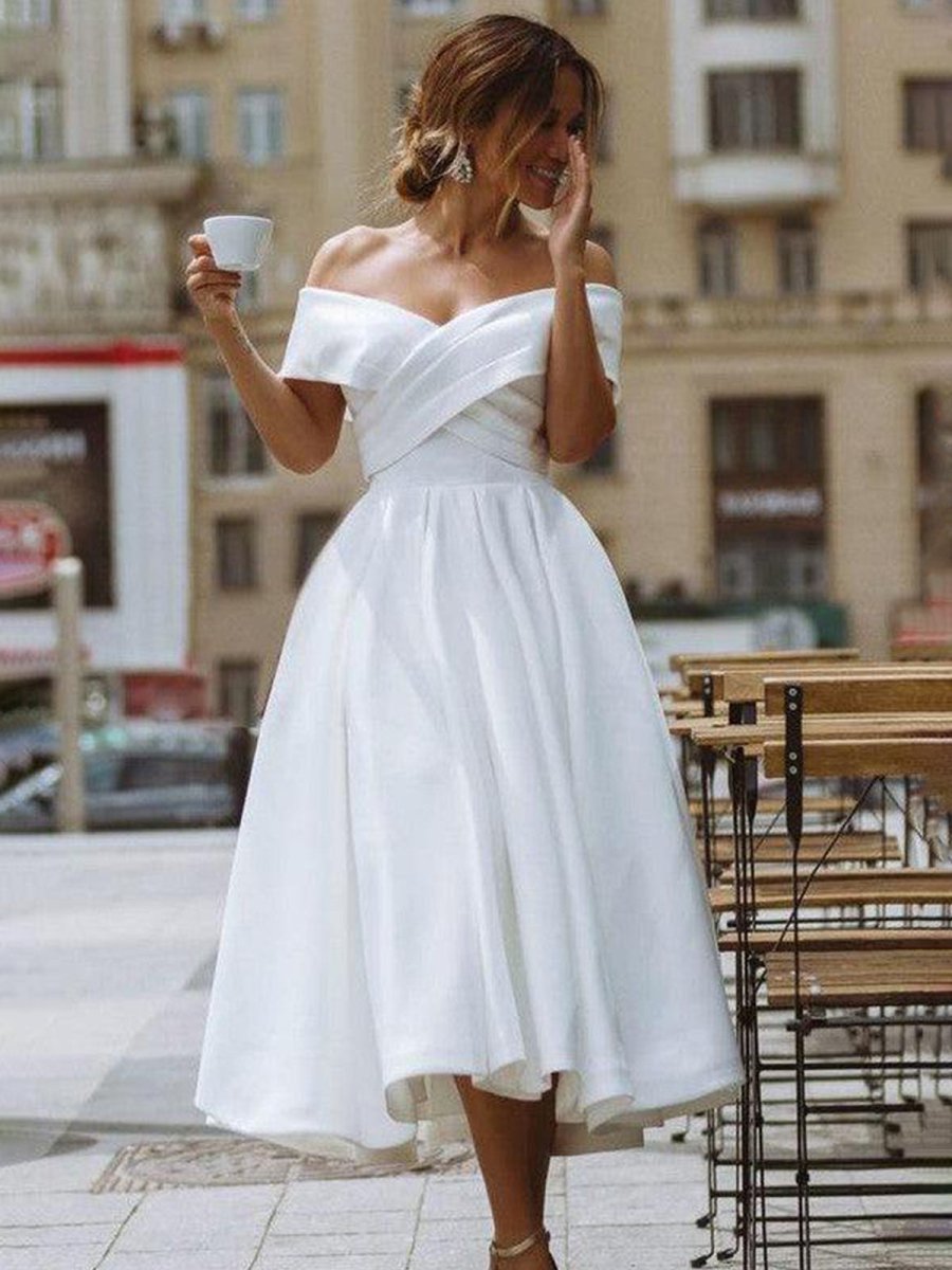 A - Line Satin Tea Length White Off the Shoulder Wedding Dress - KissProm