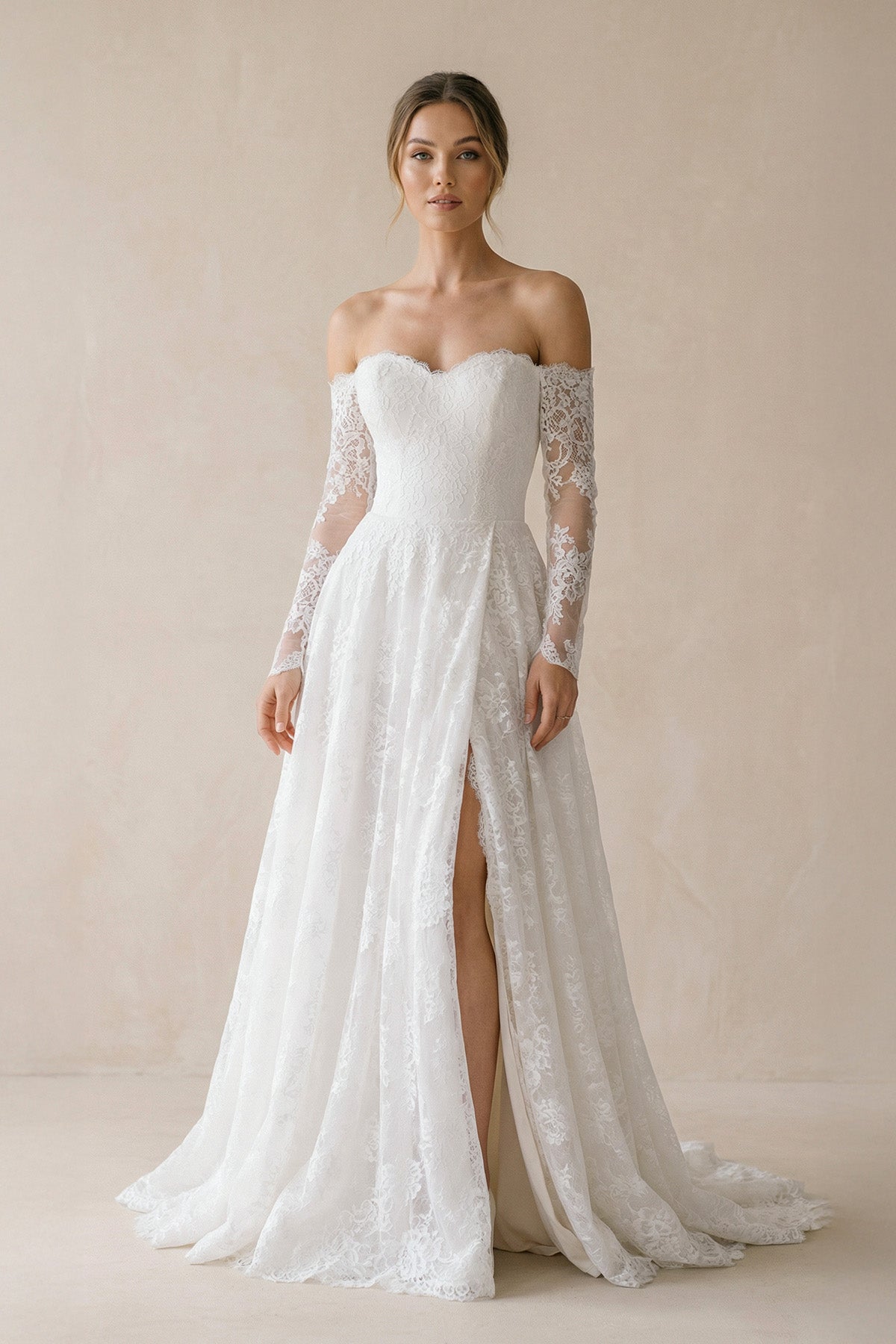 KissProm Vintage A-Line Sweetheart White Lace Wedding Dresses with Slit, Diamond White / 16
