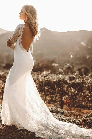 Vintage Sheath Satin V-neck Long Sleeve Wedding Dress