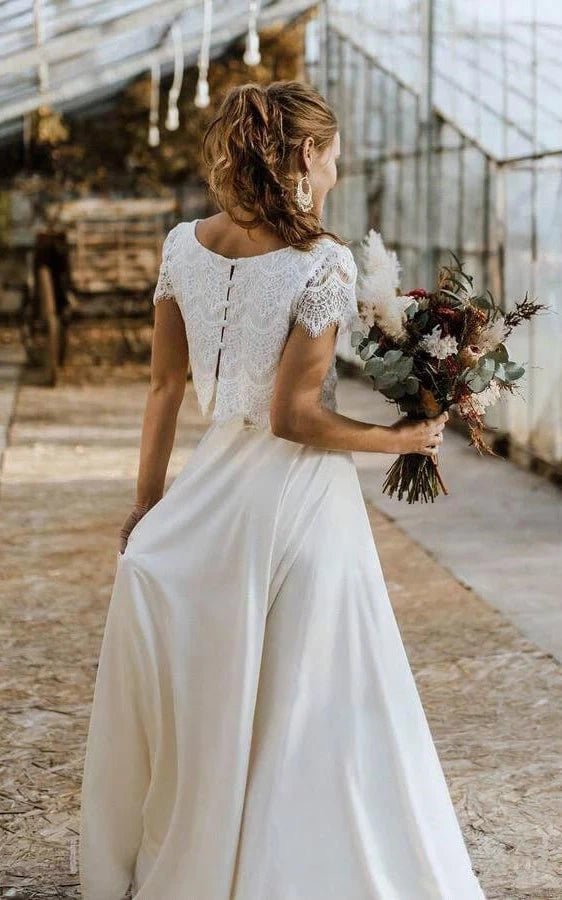 Vintage Boho Two-Piece Bateau Satin and Lace Short Sleeve Wedding Dress with Pleats and Sweep Train