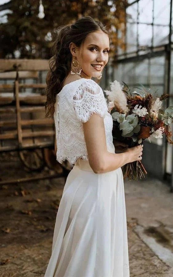 boho two piece wedding dress KissProm Vintage Two-Piece Bateau Satin and Lace Short Sleeve with Pleats and Sweep Train, Diamond White / 4 You can mix and Size:18-20/2X bytugcekaya Black Double Slit 1210-69shirts
