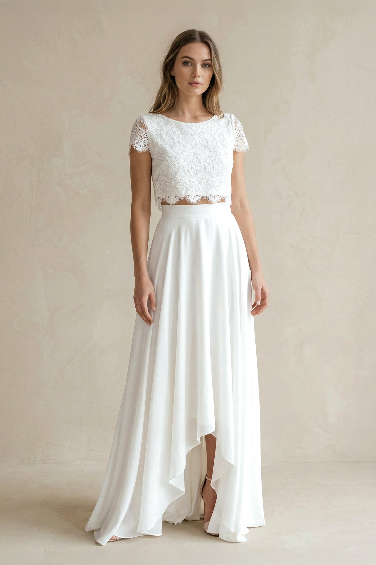 KissProm Vintage Boho Two-Piece Bateau Satin and Lace Short Sleeve Wedding Dress with Pleats and Sweep Train, Diamond White / 4