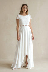 Vintage Boho Two-Piece Bateau Satin and Lace Short Sleeve Wedding Dress with Pleats and Sweep Train -Wedding Dresses by KissProm | Available at KissProm