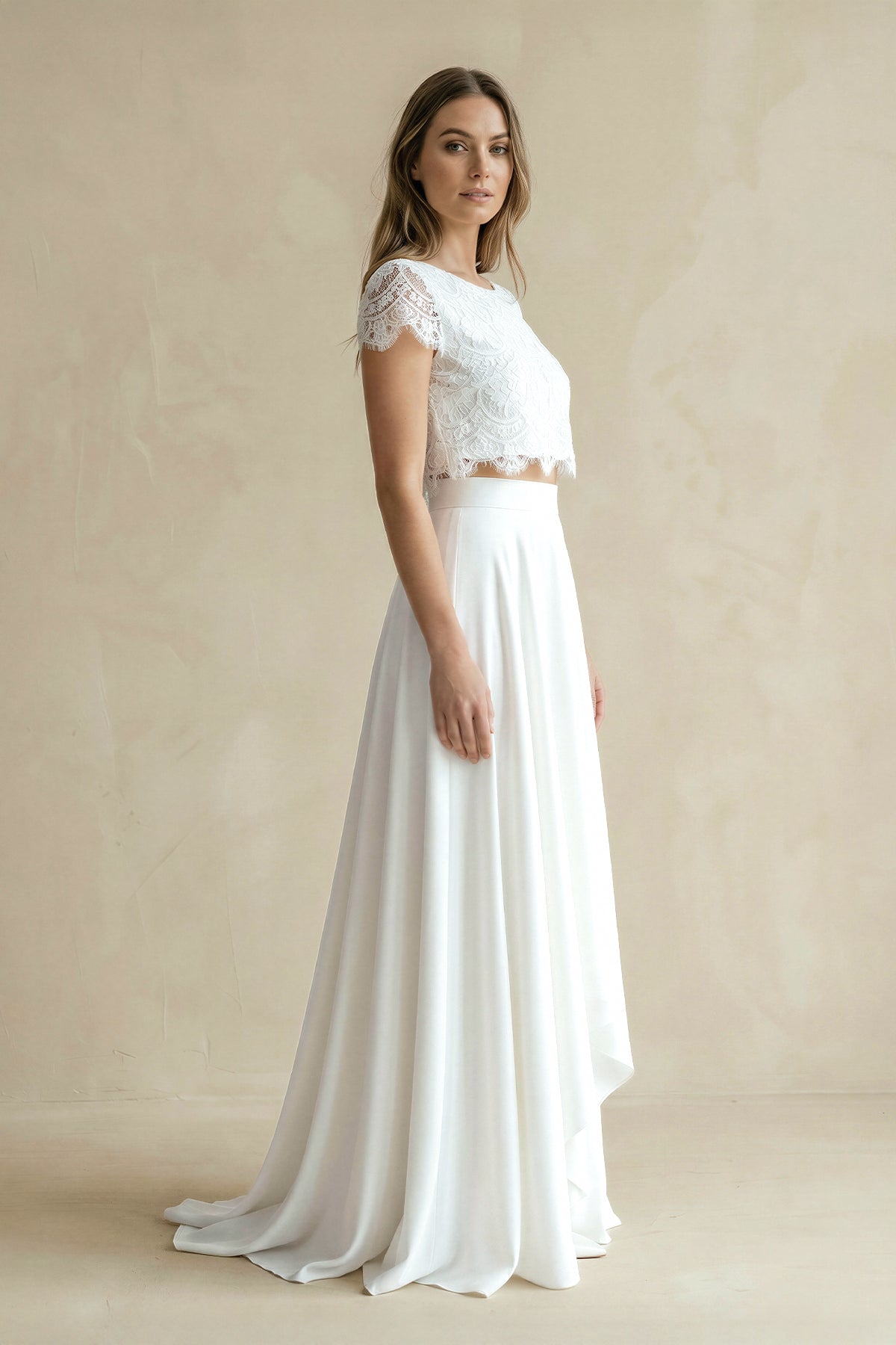 vintage boho bridesmaid dresses Vintage Boho Two-Piece Bateau Satin and Lace Short Sleeve Wedding Dress with Pleats and Sweep Train, Diamond White / 14