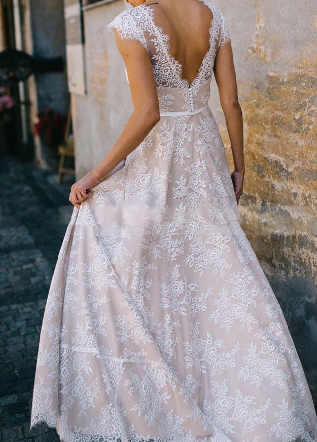 Light Champagne Lace Appliques A Line Cap Sleeve Sexy Backless Bridal Gown
