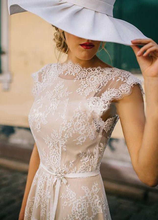 Light Champagne Lace Appliques A Line Cap Sleeve Sexy Backless Bridal Gown