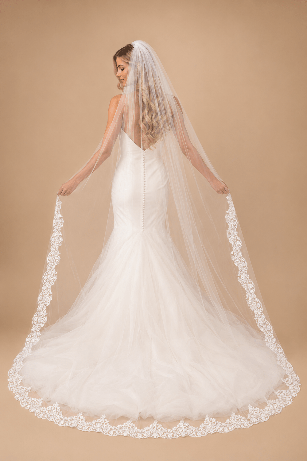 Vintage Floor Length Lace Appliques Long Chapel Veils Wedding Veils in Ivory - KissProm Wedding Veils