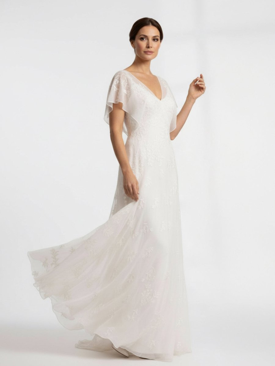 Vintage Graceful Floral V - neck V - back Side Button Decorated Lace Wedding Dress With Butterfly Sleeves - KissProm