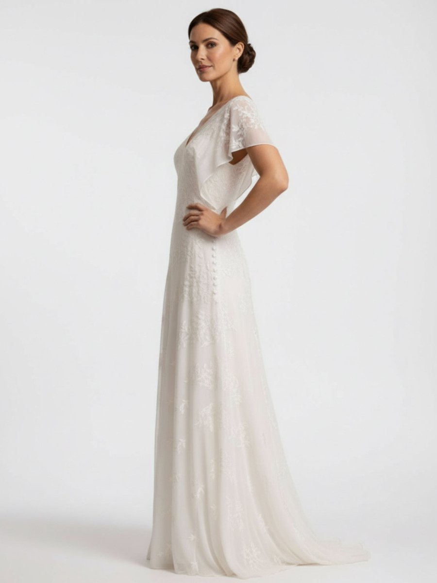 Vintage Graceful Floral V - neck V - back Side Button Decorated Lace Wedding Dress With Butterfly Sleeves - KissProm