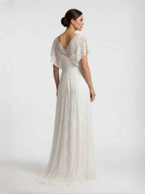 Vintage Graceful Floral V-neck V-back Side Button Decorated Lace Wedding Dress With Butterfly Sleeves – Wedding Dresses by Kissprom | Available at KissProm