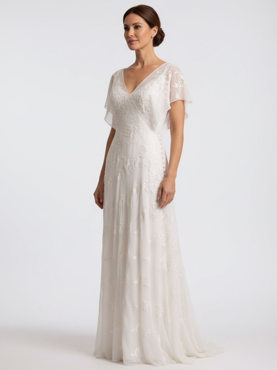 Vintage Graceful Floral V - neck V - back Side Button Decorated Lace Wedding Dress With Butterfly Sleeves - KissProm