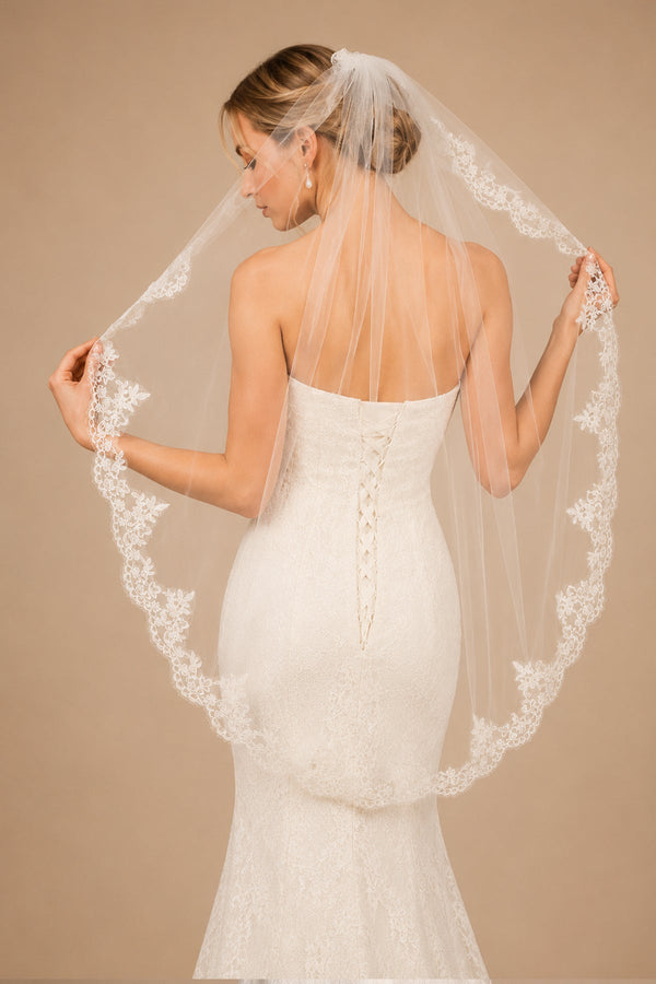 Vintage - Inspired Lace One Tier Wedding Veil Mantilla Veils in Ivory - KissProm Wedding Veils