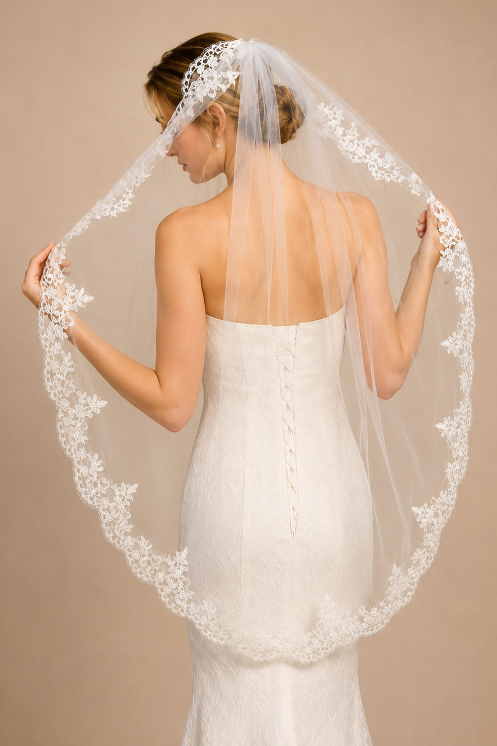 Vintage - Inspired Lace One Tier Wedding Veil Mantilla Veils in White - KissProm Wedding Veils