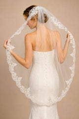 Vintage - Inspired Lace One Tier Wedding Veil Mantilla Veils in White - KissProm Wedding Veils