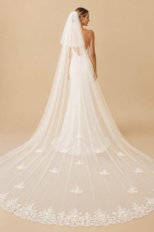 Vintage Lace Cute Appliques Long Chapel Veils Wedding Veil in Ivory - KissProm Wedding Veils