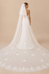 Vintage Lace Cute Appliques Long Chapel Veils Wedding Veil in White - KissProm Wedding Veils