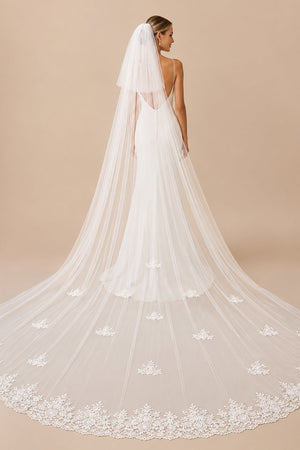 Vintage Lace Cute Appliques Long Chapel Veils Wedding Veil in White - KissProm Wedding Veils