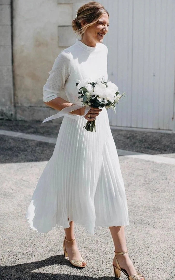 Vintage Modest Long Sleeve Wedding Dress with Pleats Simple Tea-Length A-Line High Neck Champagne / 20