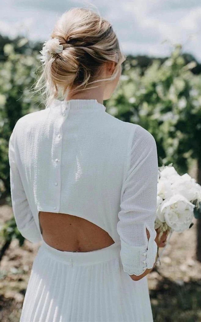 Vintage Modest Long Sleeve Wedding Dress with Pleats Simple Tea-length