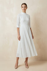 Vintage Modest Long Sleeve Wedding Dress with Pleats Simple Tea-length A-Line High Neck