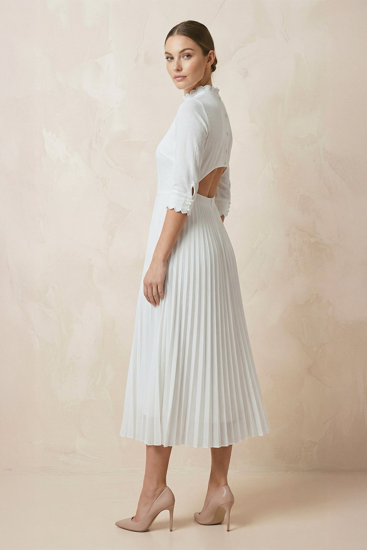 long sleeve white midi dress bridal KissProm Vintage Modest Wedding with Pleats Simple Tea-length A-Line High Neck, Diamond / 0 Size::US 7.5 Whether you are dressing travel pant Long Cool Woman in