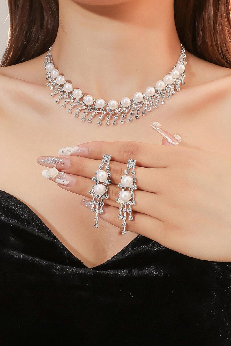 Vintage Pearl Rhinestone Necklace And Earrings Set - KissProm