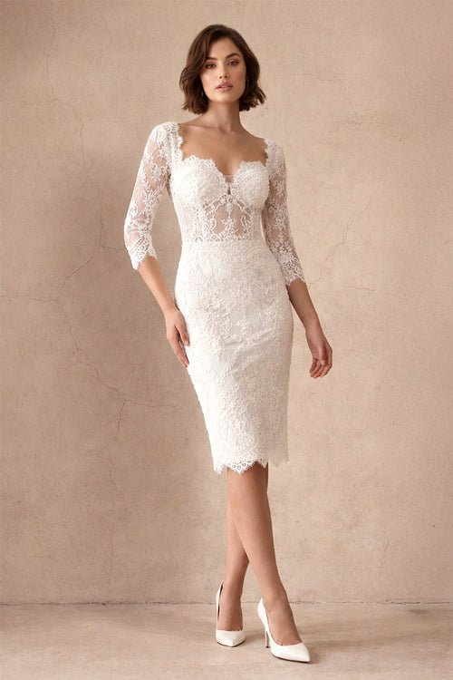 KissProm Vintage Pencil Lace Sweetheart 3/4 Length Sleeve Wedding Dress With Beading and Split Back, Diamond White / 14