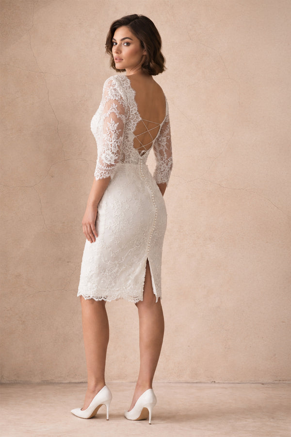 Vintage Pencil Lace Sweetheart 3/4 Length Sleeve Wedding Dress With Beading and Split Back – Wedding Dresses by KissProm | Available at KissProm