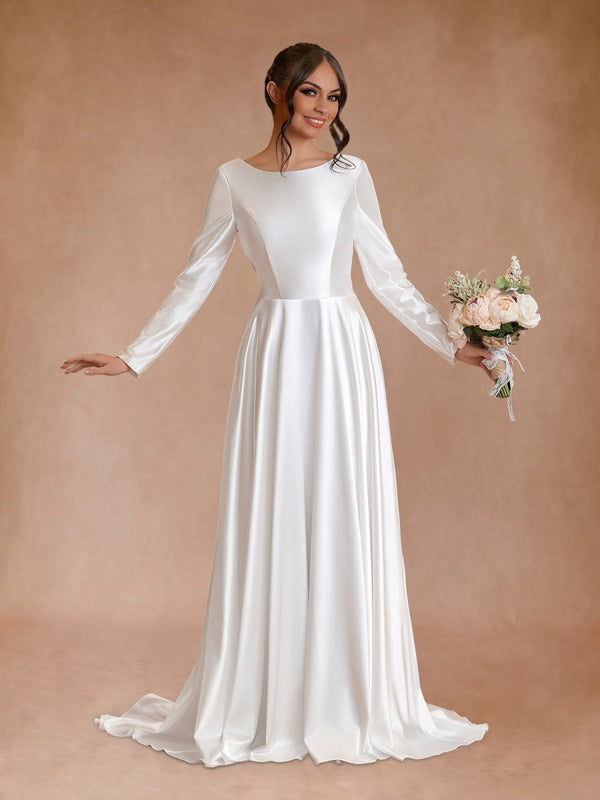 Vintage Satin A-Line Bateau Neckline Long Sleeves Bridal Gown Wedding Dresses