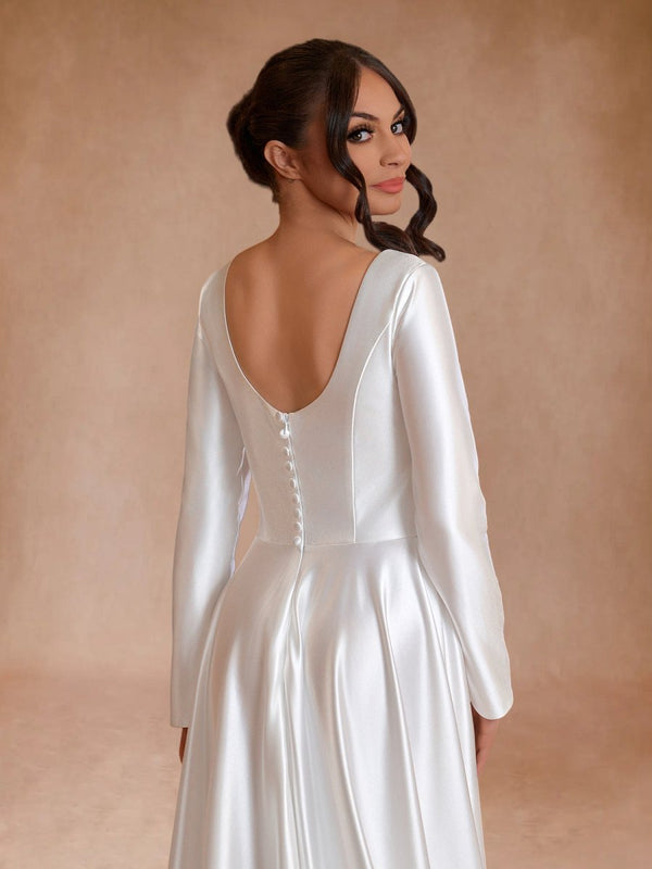 Vintage Satin A-Line Bateau Neckline Long Sleeves Bridal Gown Wedding Dresses