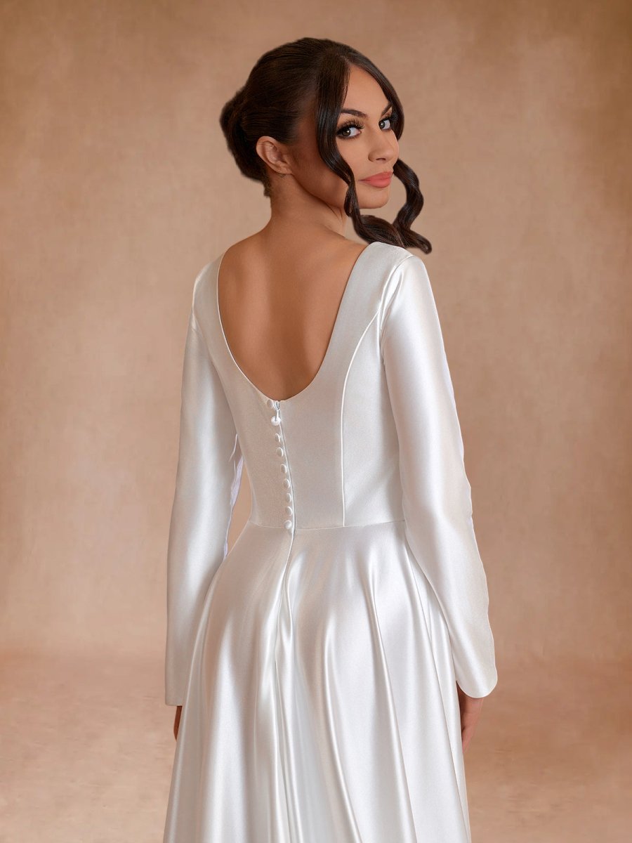 knee length dresses for ladies Ivory Ball Gown Wedding Dress with Lace Sleeves, Cathedral Train-MS157 –  Viniodress main image 0
