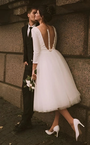 Vintage Short Casual Simple Long Sleeve A-Line Tea-Length Plunging Neckline Satin Wedding Dress, Champagne / 20